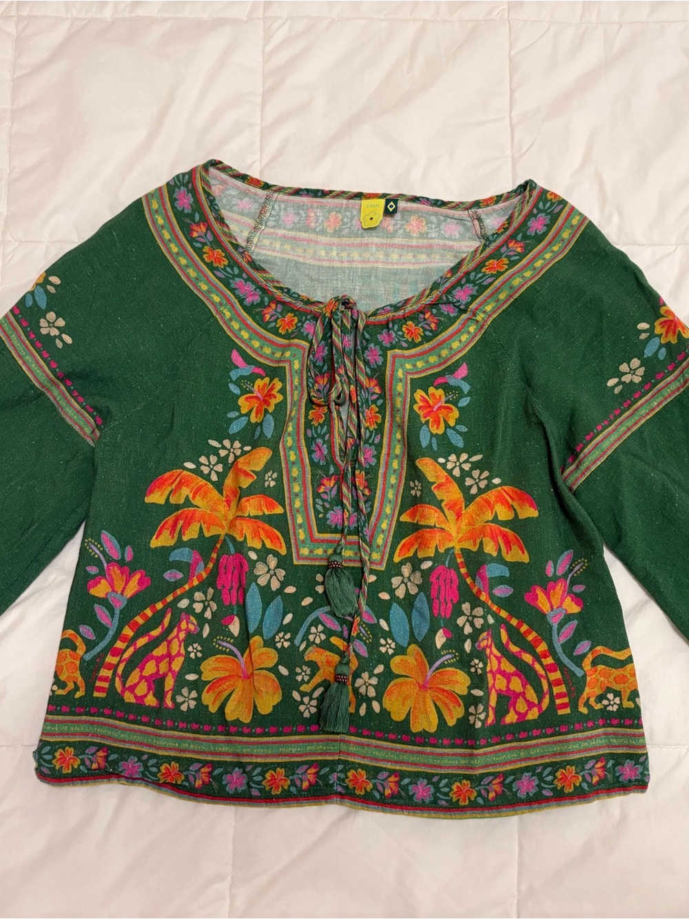 FARM Rio Green Tropical Floral Tie-Neck Blouse